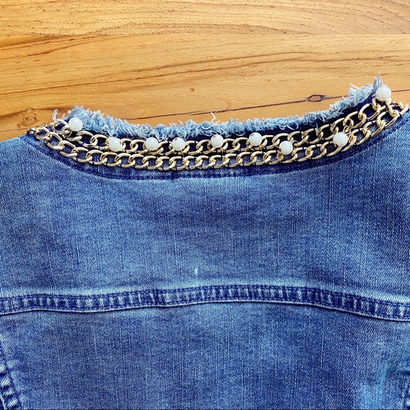 Chico’s Chain Pearl Raw Embellished Denim Jacket - Picture 8 of 9